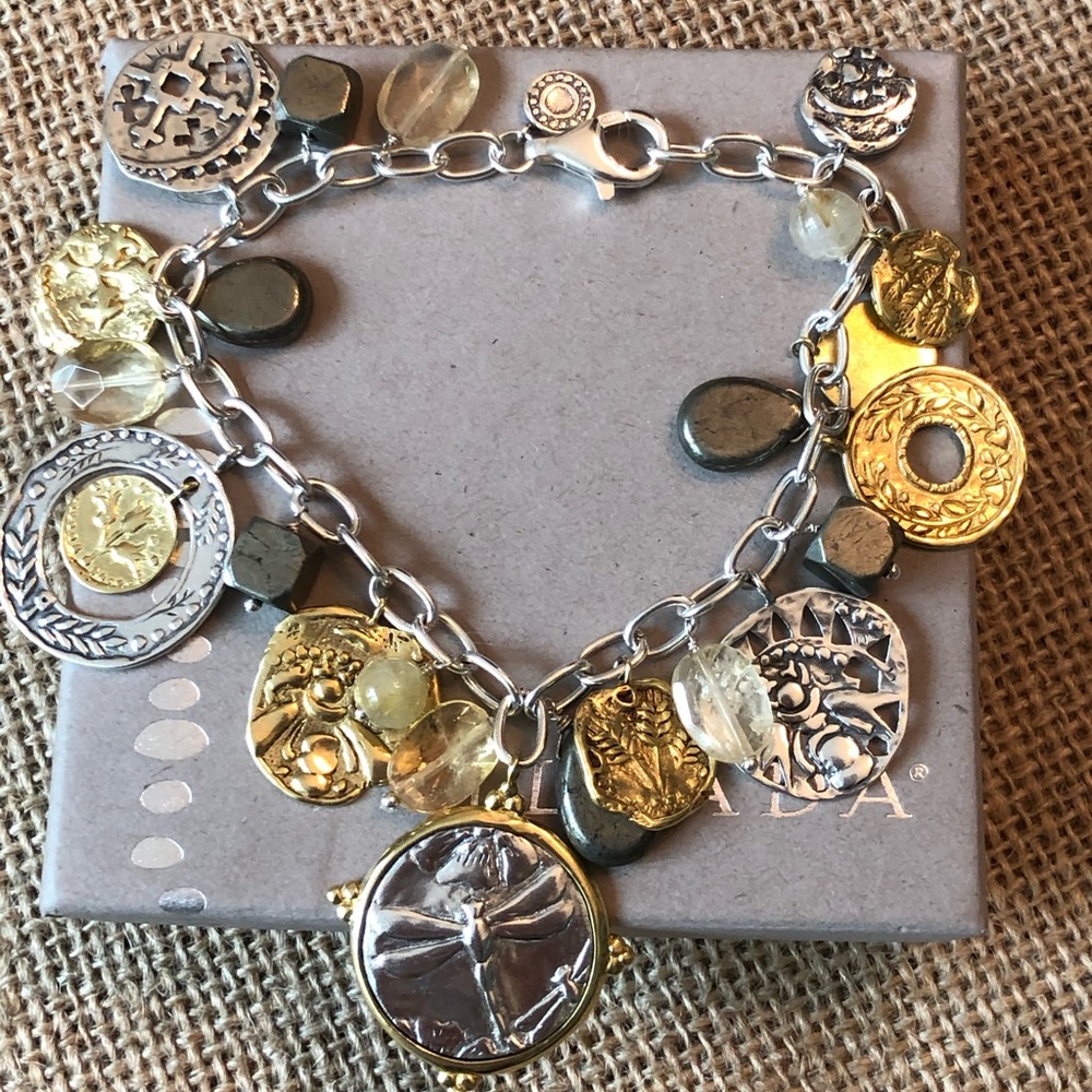 Silpada Sterling Silver .925 Brass Gem Cha Cha Gemstone Coin Charm Bracelet